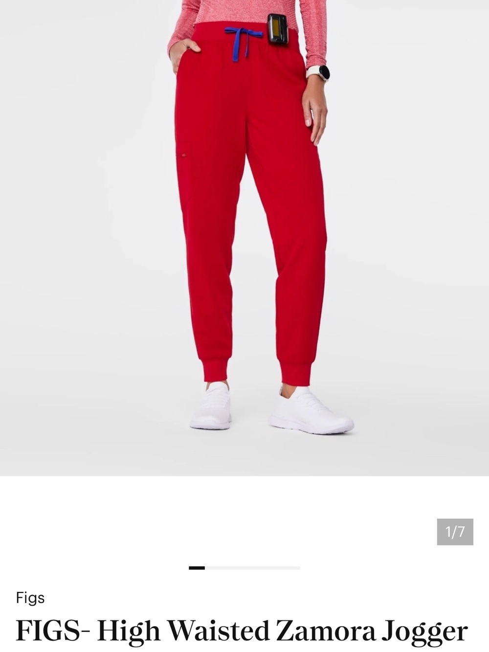 Figs Zamora High-Waist Jogger in Red with Blue Drawstring